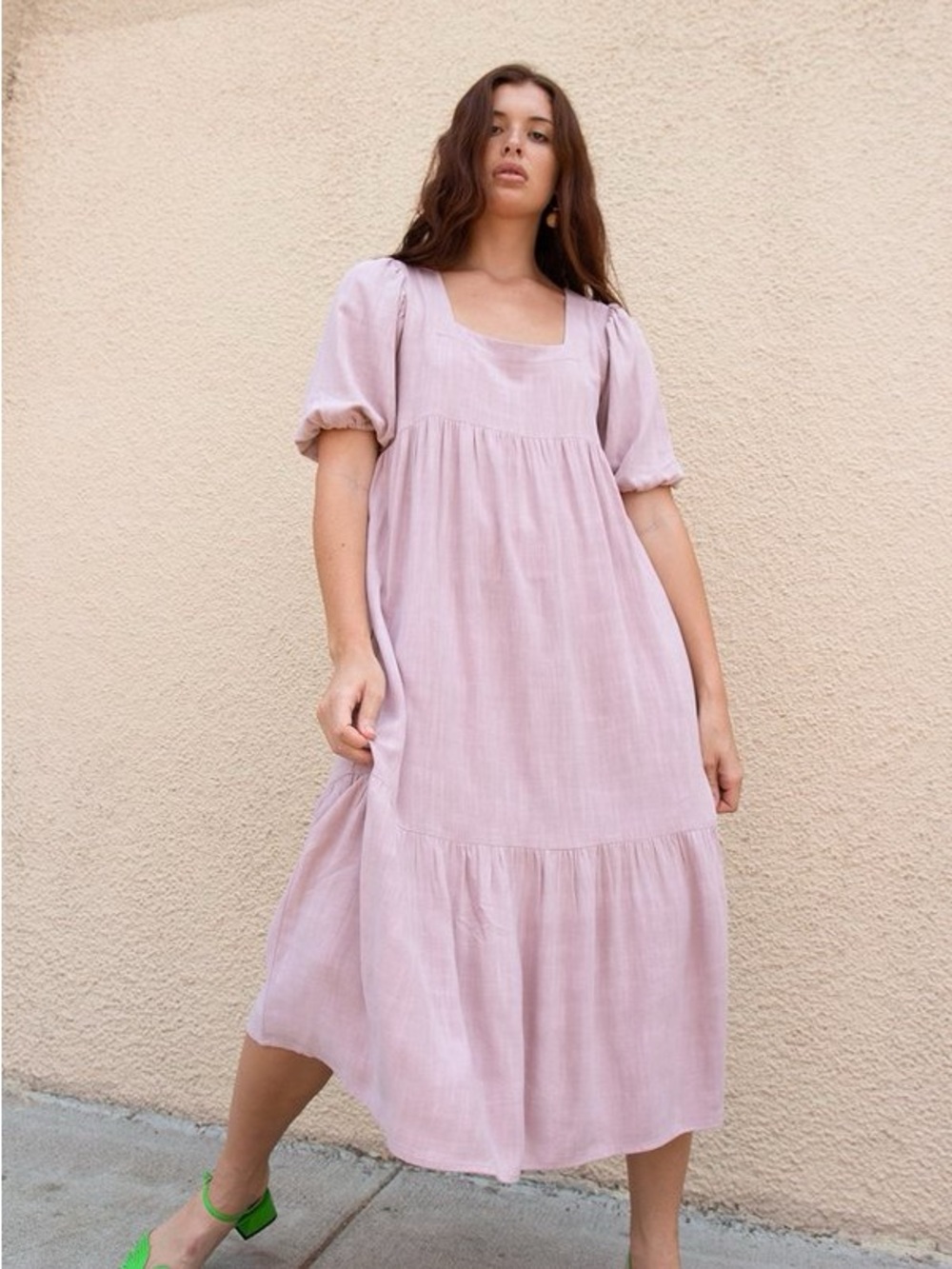 Rachel Pally Mae Linen Blend Midi Dress Mauve Pink Puff Sleeve XS